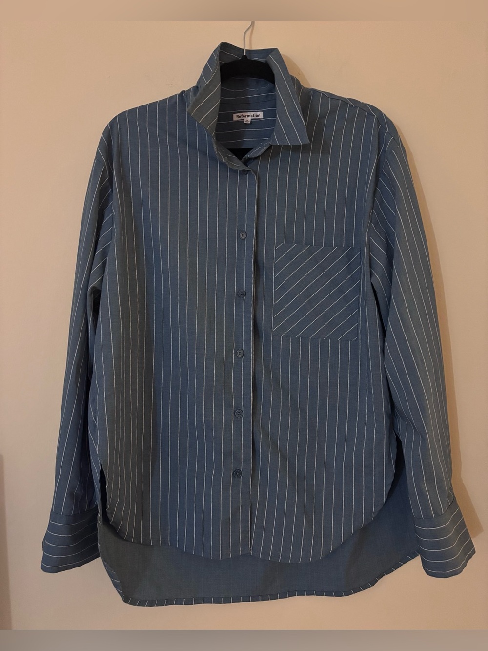 Reformation Blue Pinstripe Oversized High Low Button Down Shirt S